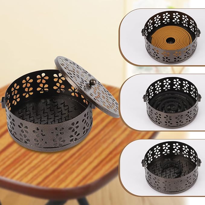 Portable Iron Mosquito Coil Holder with Handle Round Heat-Resistant Incense Holder for Home Office Camping (Bronze, 2Pack)