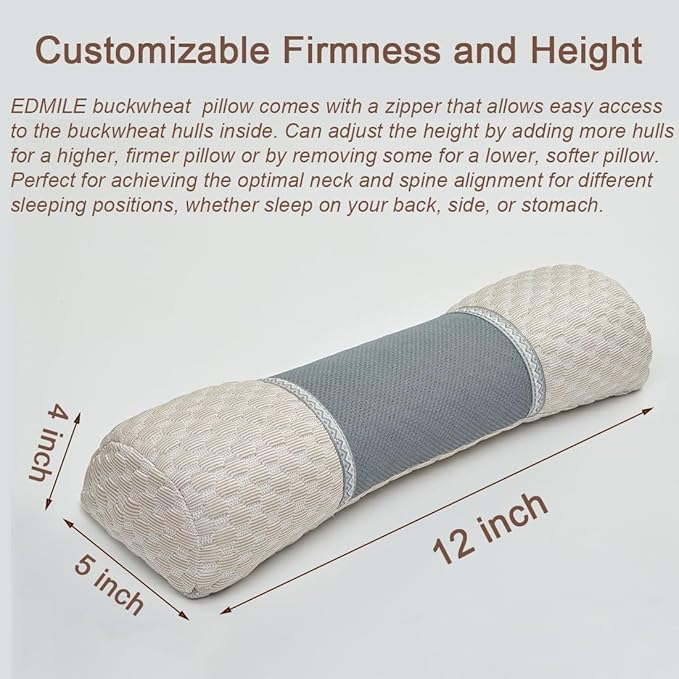 Buckwheat Pillow for Sleeping, Bolster Neck Support Pillow, Adjustable Firm Cervical Cylinder Roll Pillow for Shoulder Pain Relaxation, Khaki 5"x20"