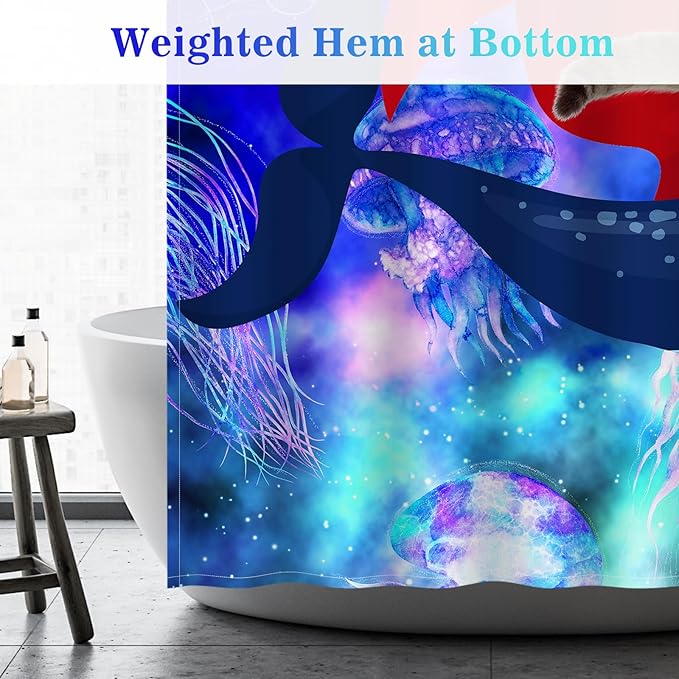 Aimego Stall Small Shower Curtain - Funny Cute Cat Riding Whale on Fantasy Space Galaxy Jellyfish Narrow Half Fabric Cloth Shower Curtain Set for Kids Bathroom Decor Bath Curtain, 36"x72"