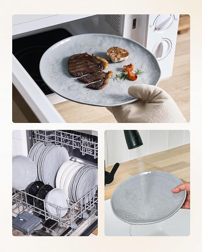 Famiware Porcelain kitchen plates and bowls set, Modern dishes set for 6, Handmade Wave Edge Dinnerware Sets, Microwave and Dishwasher Safe Tableware, Sleek Grey (24pc)