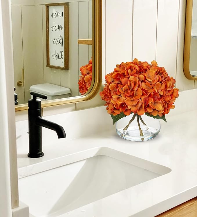 Hydrangea Artificial Flowers with Vase Fall Decor Orange Silk Fake Flowers Arrangements in Glass Vase with Faux Water Autumn Festival Floral Bulk Bouquet for Wedding Party Centerpiece Home Decorations