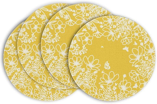 Artoid Mode Yellow Bloom Flowers Spring Round Placemats Set of 4, 14 Inch Summer Holiday Round Table Mats for Dining Decoration