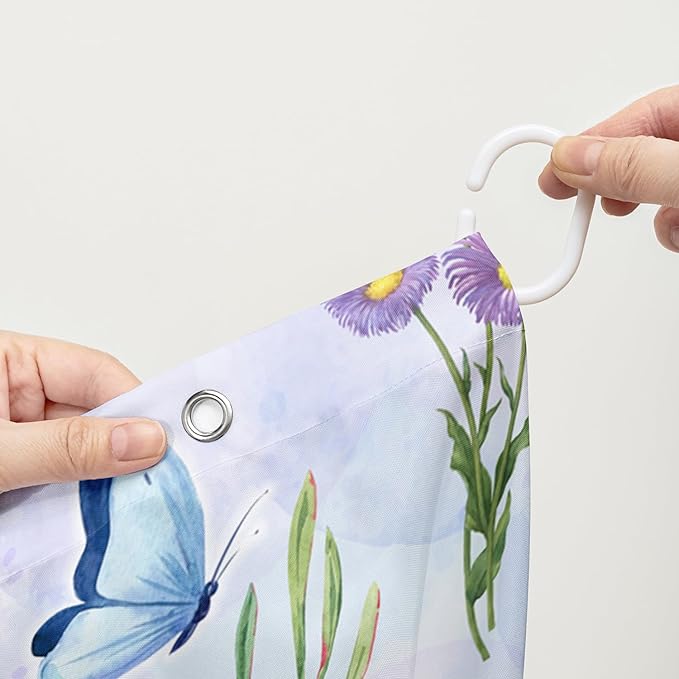 AILONEN Purple Flower Butterfly Shower Curtain 72" W*84" H,Spring Floral Girls Bathroom Decor,Modern Tie Dye Watercolor Butterfly Bath Curtain Polyester Waterproof Bathroom Curtain with Hooks
