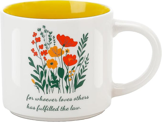 Ceramic Mug 15 OZ (450ml) - Romans 13:8 "Whoever Loves Others Has Fulfilled the Law - Inspirational Floral Design - Premium Coffee Cup, Dishwasher & Microwave Safe - Ideal Gift for Tea