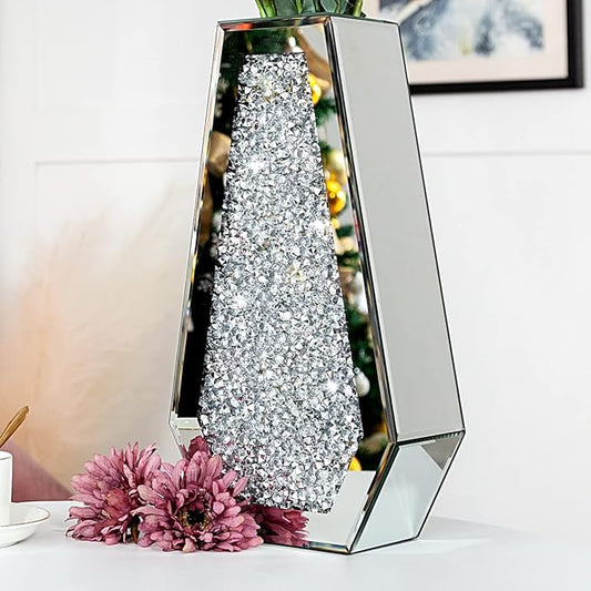 Crushed Diamond Mirrored Flower Vase Large Glass Vase Modern Crystal Decorative Mirror Vases Stunning Luxury Tall Floor Vase for Centerpieces Flowers Home Decor, Silver, 14" H. Can’t Hold Water.