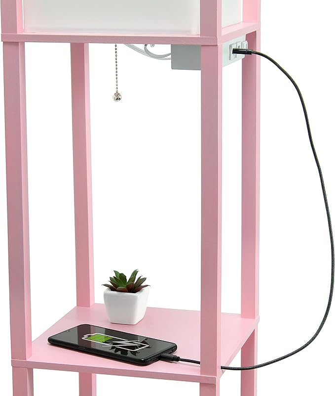 Simple Designs LF1037-LPK-LB Three Shelf Etagere Organizer Storage Floor Lamp with 2 Dual USB Ports and Charging Outlet, Light Pink, with Feit LED Bulb Included