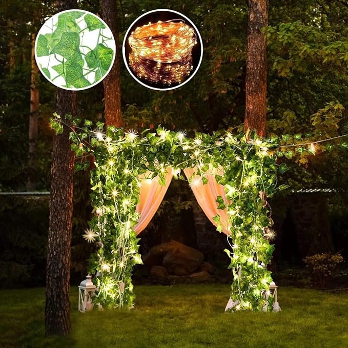 Fake Vines for Room Decor Artificial Ivy Garland with 100 LED String Light Hanging Plants Faux Greenery Leaves Bedroom Aesthetic Decor for Home Garden Wall Wedding（6Pack with 100LED）