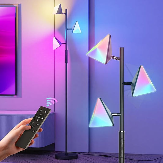 QiMH RGB Floor Lamp for Living Room, 36W LED Standing Lamp with 3 Lights, Dimmable Smart Lamp with Remote & Touch Control, Colors Changing& DIY Mode, Modern Tree Tall Lamp for Bedroom, Black