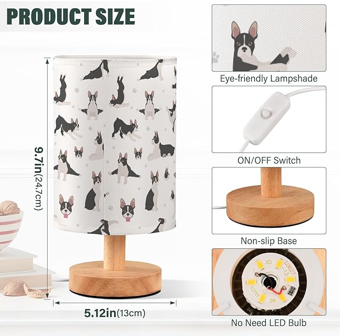 Table Lamp Boston Terrier Dog Do Yoga Pattern Nightstand Lamp with Wood Base Fabric Lamp Shade Bedside Desk Lamp for Living Room Bedroom Kids Room Office