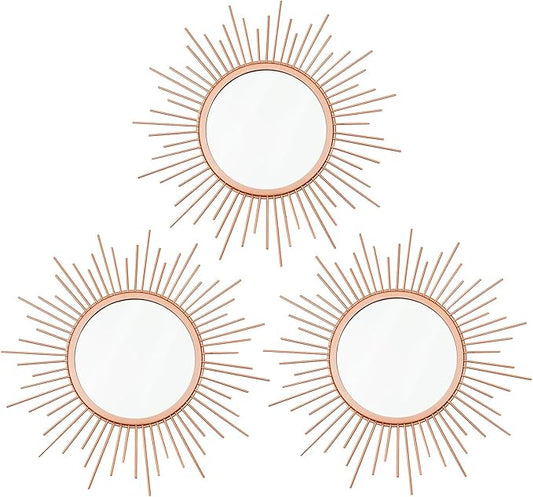 3 Pack Metal Mirrors for Wall Sunburst Wall Mirrors Home Décor Decorative Hanging Wall Art for Living Room Bedroom Entryway (Rose Gold, Sunburst)