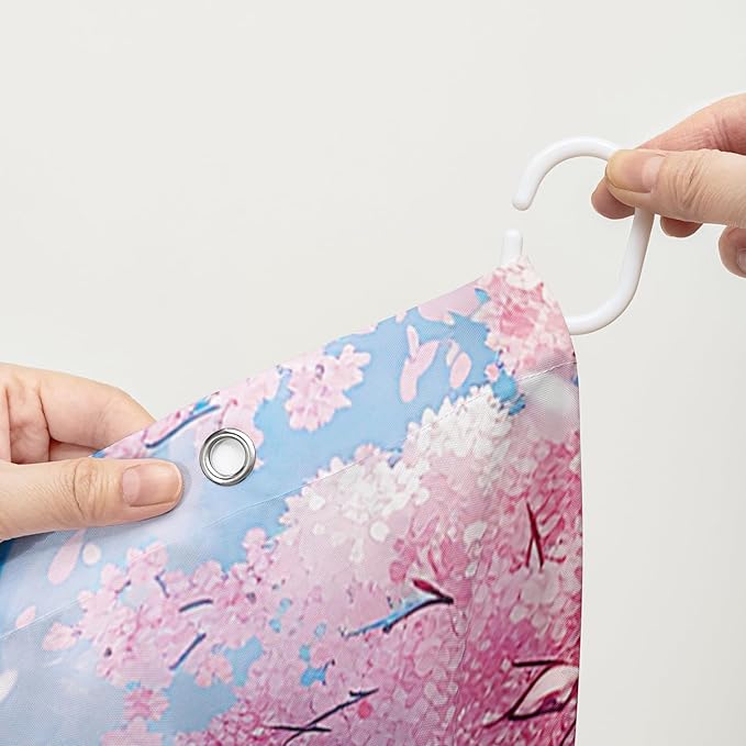 AILONEN Lovely Cat Shower Curtain Set, Pink Cherry Blossom Waterproof Fabric Shower Curtain for Kids Boys Girls,Fat Kitty Cloth Shower Curtain for Bathroom,72" W*84" H