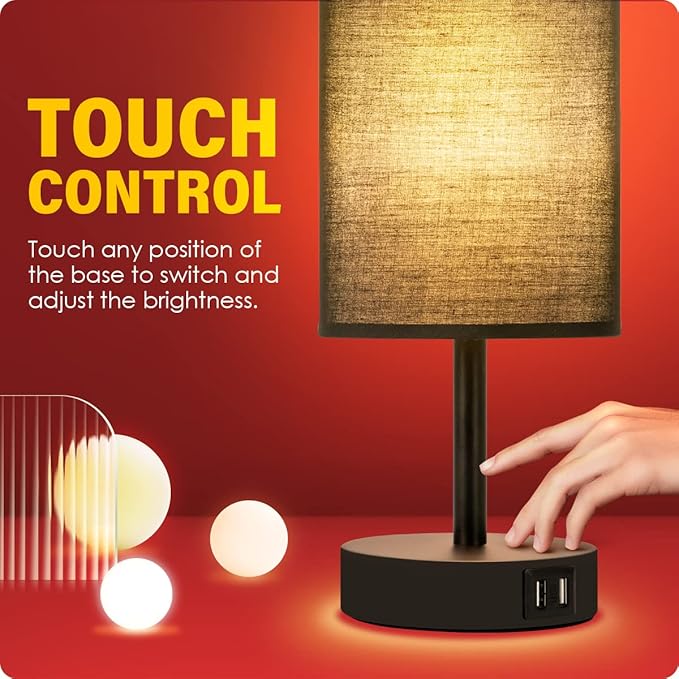 Yarra-Decor Bedside Lamps with USB Port - Touch Control Table Lamp for Bedroom 3 Way Dimmable Nightstand Lamp Set of 2 with Round Black Fabric Shade for Living Room, Dorm, Home Office (Black, 2 Pack)