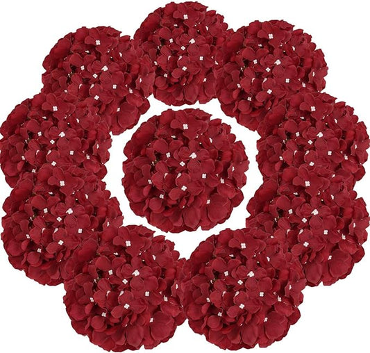 Flojery Silk Hydrangea Heads Artificial Flowers Heads with Stems for Home Wedding Decor,Pack of 10 (Burgundy)