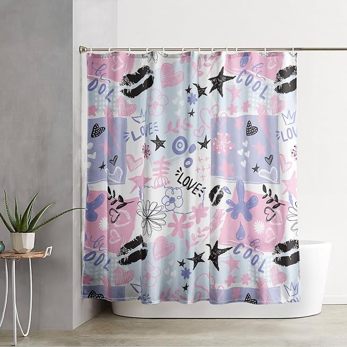 AILONEN Love Lipstick Shower Curtain,Stars with Flowers Theme Waterproof Fabric Shower Curtain Set for Girls Boys Kids Teens, 72" W*72" H Purple Graffiti Shower Curtain Set