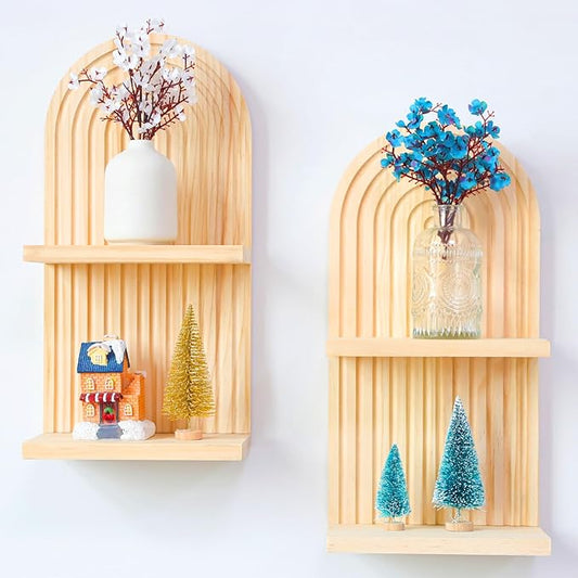 YIYA 2 Pcs Boho Wooden Rainbow Wall Shelves Floating Shelves for Wall Rainbow Arch Boho Floating Shelves Modern Boho Wall Shelf for Living Rooms Bathroom Display