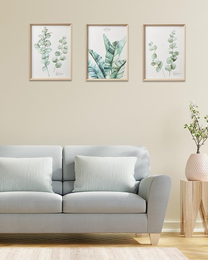 Framed Wall Art,Minimalist Botanical Canvas Wall Art for Living Room,12x16in Plant Wood High-Framed Design Flower Green Eucalyptus Leaf Artworks Prints Poster for Bathroom,Bedroom Set of 3
