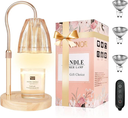 Candle Warmer Lamp with Timer & Dimmer, Candle Warmer Height Adjustable, Fits All Jar Scented Candles, Candle Lamp with 3 Bulbs, Charming Gift Box with Ribbon for Gifting