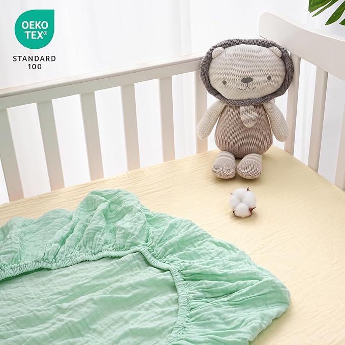 Muslin Crib Sheets for Boys Girls, 2 Pack 100% Cotton Soft Breathable Fitted Baby Sheet Set, 28x52 Inch Fits Standard Crib and Toddler Mattresses, Beige & Green
