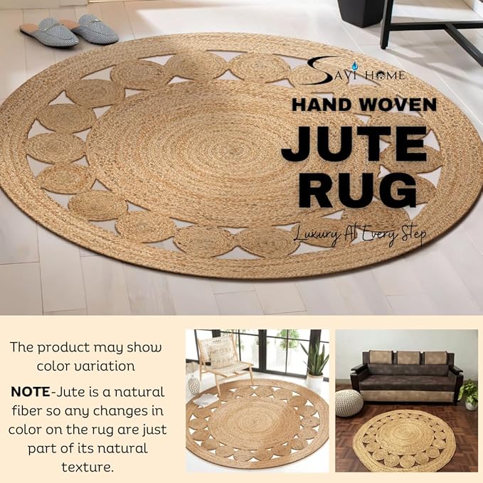 Savi Home Jute Area Rug Handwoven- 4 feet Round- Natural Beige - Rustic Vintage Beige Braided Reversible Rug- Eco Friendly Rugs for Farmhouse, Bedroom, Kitchen, Living Room