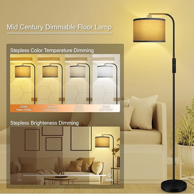 BoostArea Dimmable Floor Lamp for Living Room,Arc Sofa Lamps with Remote Control,Stepless Dimmable & Colors Temperature 2700k-6500k,67 in,Tall Modern Standing Lamp for Bedroom Study Room Office,Grey