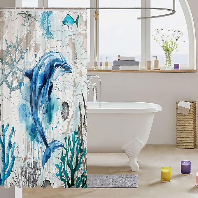 Feelyou Dolphin Fabric Shower Curtain Ocean Shower Curtain for Kids Boys Girls Sea World Bathroom Waterproof Accessories with 12 Hooks Underwater Sea Animal Curtains,72x84 Inches