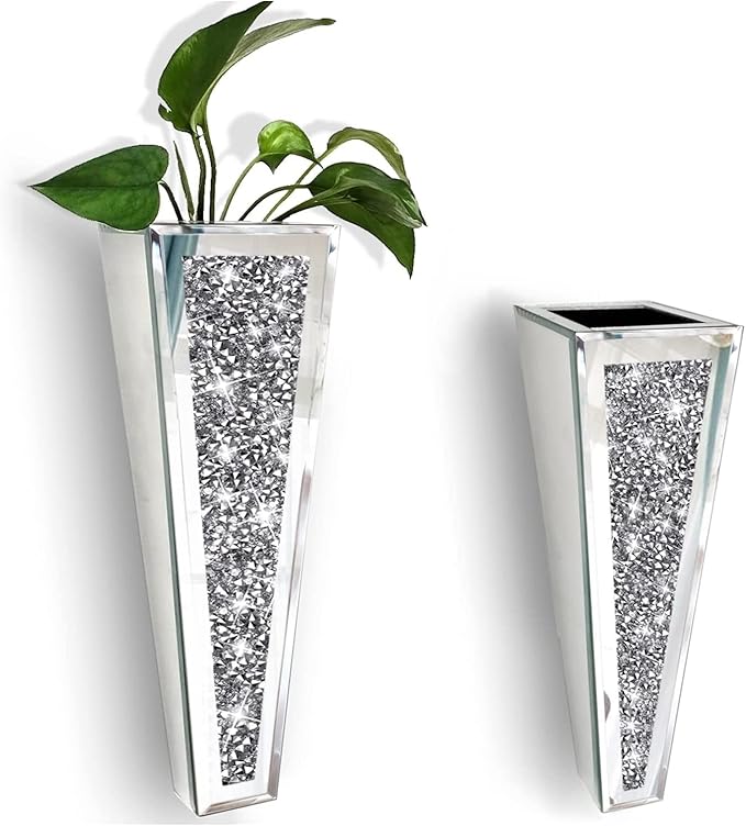 Crystal Wall Vase Hanging Flower-vase - Silver Crushed Diamond Mirrored Container Flower Vase Home Decor for Living Room, Dining Room, Bedroom, Set of 2 （11.2 Inch High） Wittolins