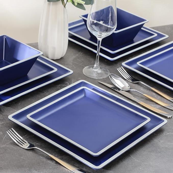 Square Melamine Dinnerware Sets， Durable Square Dinner Plates and Bowls Set,12-Piece Set Non-breakable Lightweight Dinner Tableware Sets, Service for 4