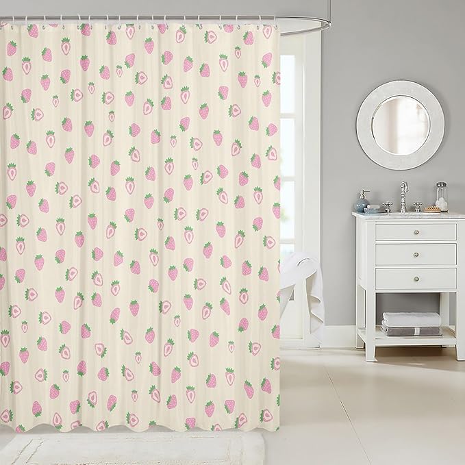 Feelyou Strawberry Fabric Shower Curtain Ivory White Shower Curtain for Kids Boys Girls Kawaii Fruit Bathroom Waterproof Accessories with 12 Hooks Cute Curtains,72x78 Inches