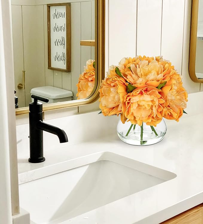 Hollyone Orange Peonies Artificial Flowers in Vase Fall Faux Flowers Peony Fake Flowers Silk Flower Arrangements with Glass Vase with Faux Water for Home Decor Bathroom Table Centerpiece Decorations