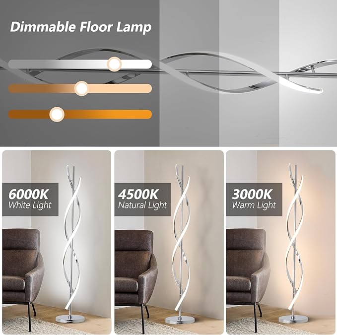 ADISUN 40W LED Modern Floor Lamp Remote Control Dimmable Spiral Floor Lamp Indoor Tall Lamp Floor Lamps for Living Rooms Family Rooms Bedrooms Offices Lighting (Silver)