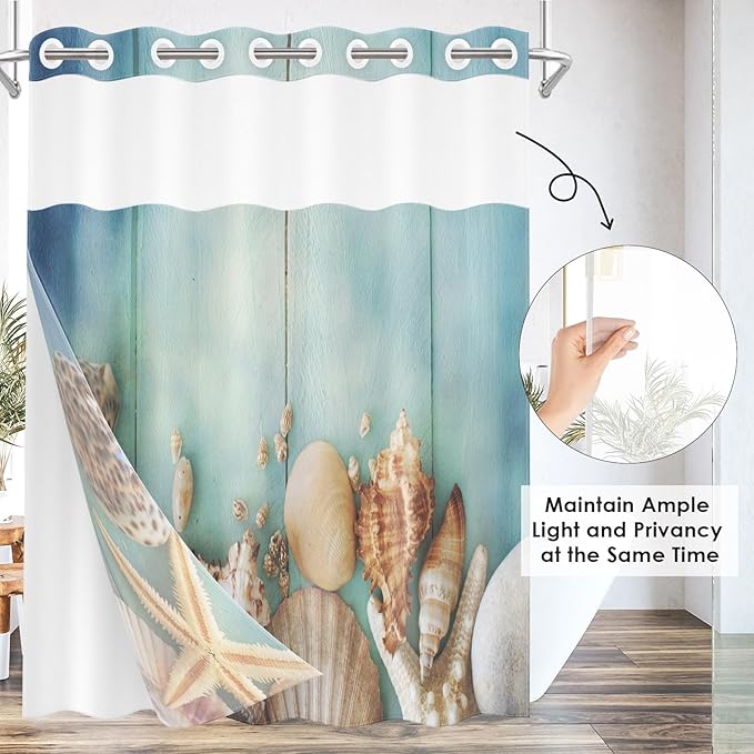 Sea Beach Green No Hook Shower Curtain with Snap in Liner, Shellfish Starfish Summer Bath Curtain with Double Layers Waterproof Fabric and Mesh Top Window 71x74 Inch