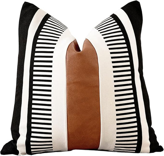 Black White Boho Pillow Cover with Leather Modern Couch Cushion Cover 22x22 inch Farmhouse Stripe Pillowcase for Couch Bed, Black