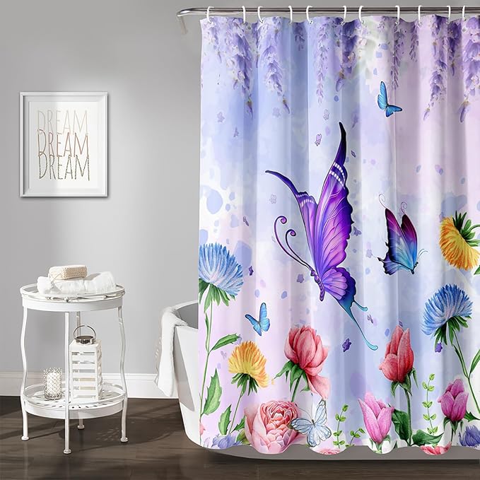 AILONEN Girls Butterfly Shower Curtain for Bathroom,Colorful Floral Flower Purple Watercolor Butterfly Printed Bath Curtain 36" W*72" H Polyester Fabric Waterproof Bathroom Curtain with 12 Hooks