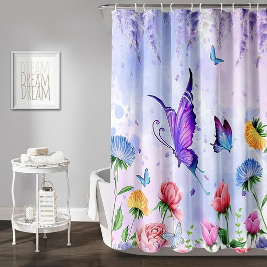 AILONEN Girls Butterfly Shower Curtain for Bathroom,Colorful Floral Flower Purple Watercolor Butterfly Printed Bath Curtain 72" W*96" H Polyester Fabric Waterproof Bathroom Curtain with 12 Hooks