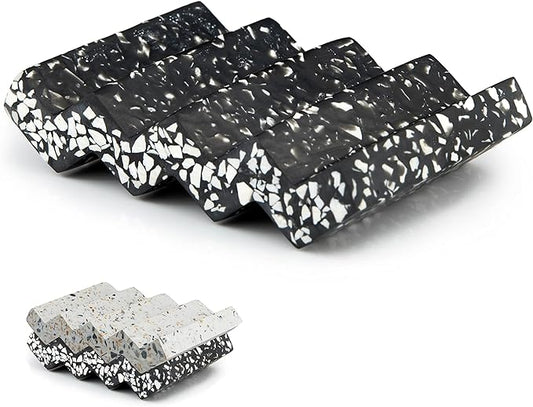 Zig Zag Jesmonite Terrazzo Stone Soap Dish for Bathroom Sink - Concrete Soap Saver for Bar Soap Holder for Shower - Sponge Holder - Self Draining Soap Dish Holder - Kitchen Soap Tray (Black)