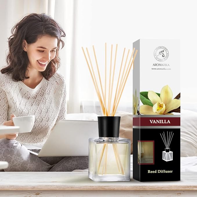 Reed Diffuser with Natural Essential Oil Vanilla 6.8 Fl Oz (200ml) - Scented Reed Diffuser - Gift Set with Bamboo Sticks - Best for Aromatherapy - SPA - Home - Office - Fitness Club