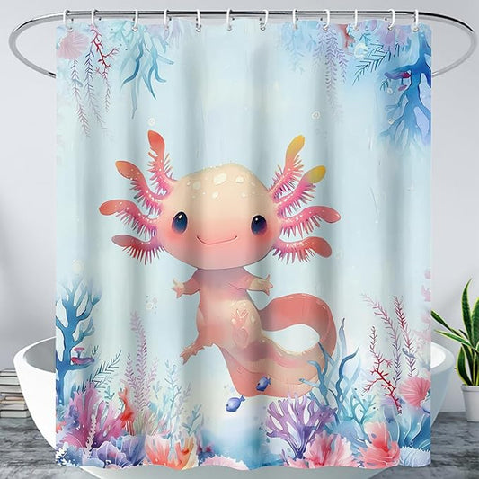 AILONEN Axolotl Shower Curtain for Bathroom,Watercolor Axolotl Coral Bath Curtain for Kids Girls,Ocean Animal Salamander Blue Shower Curtain Decoration Waterproof with 12 Plastic Hooks, 36" W*72" H
