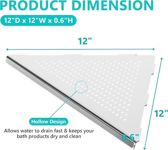 2 Pack Bathroom Corner Shelf, Recessed 12" Corner Shower Shelf, SUS304 Stainless Steel Triangular Wall Mount, No Drilling, Brushed Nickel