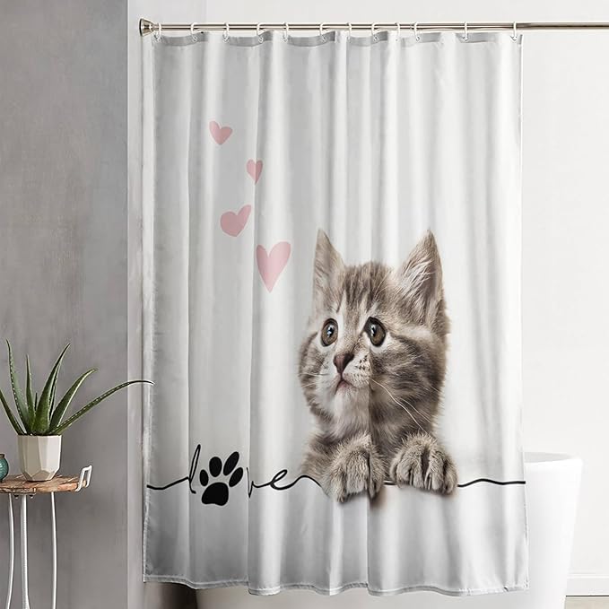 AILONEN 3D Kawaii Cat Shower Curtain, Fuzzy Ball Kitten Shower Curtain for Kids Girls Boys Bathroom Decor,Cute Pet Cat Lover Waterproof Shower Curtains Sets with Hooks,60" W*72" H