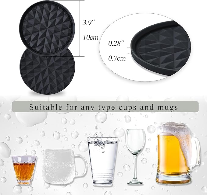 Silicone Coasters for Drinks[4 Pack]- Cup Mat for Tabletop Protection-Non-Slip, Non-Stick, Coffee Table Decor, Great Gift for Any Occasion, Black