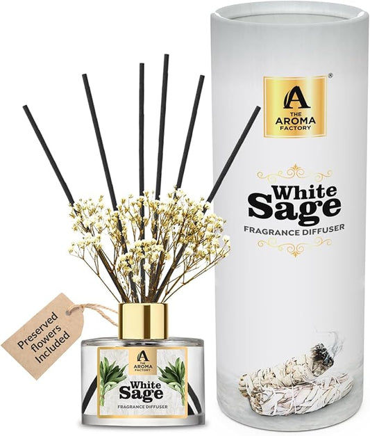 The Aroma Factory Fragrance Reed Diffuser Set with Natural Essential Oil, Aroma Sticks & Real Preserved Flowers | Luxury Home Decor Scent (White Sage, 1 Pack)