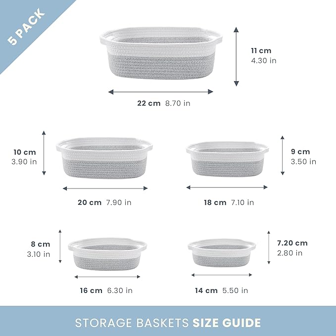 OrganiHaus Set of 5 Rectangle Bathroom Storage Baskets for Organizing, Small Woven Baskets for Storage Basket for Bathroom, Nursery Storage Basket for Baby Nursery Organization, Cute Bins, Gray/White
