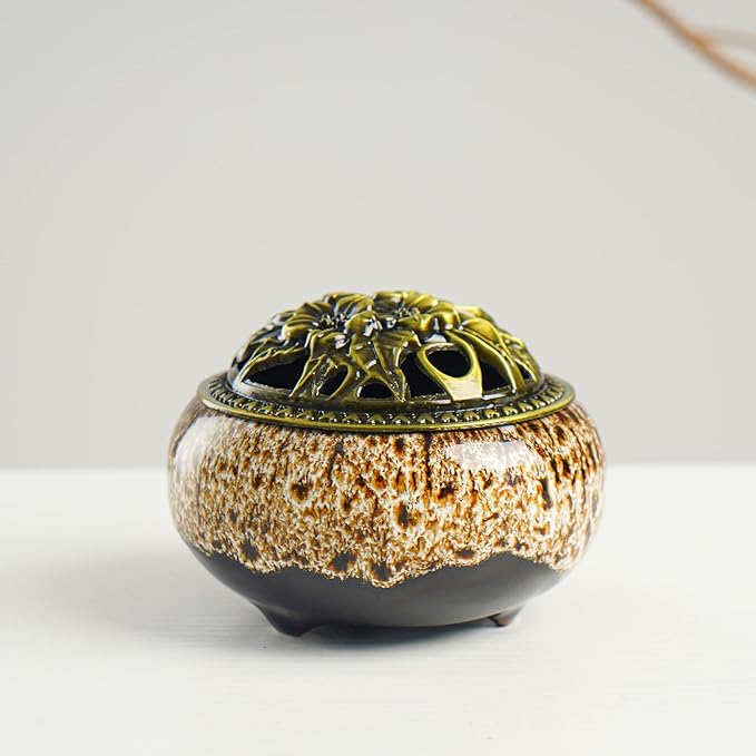 Incense Burner with Calabash Incense Stick Holder - Porcelain Charcoal Censer for Use with Resin Granular Powder Cone or Coil Incense (New Fambe Gray)