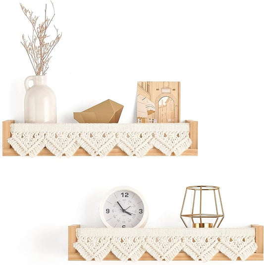 Mkono Macrame Floating Shelves Boho Wall Decor Set of 2 Natural Wood Hanging Storage Shelf for Bedroom Bathroom Living Room Nursery Dorm Room, Display Shelving for Hanging Plants Photos