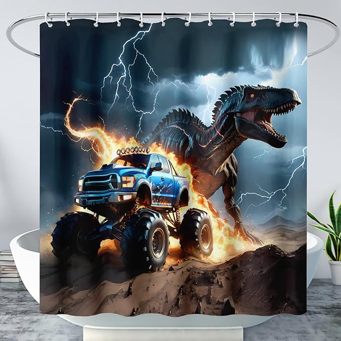 AILONEN Boys Dinosaur Shower Curtain, Monster Truck Bath Curtain,Lightning Roaring Dinosaur Kids Shower Curtain,Waterproof Curtain Bathroom 60" W*72" H Decor with 12 Plastic Hooks