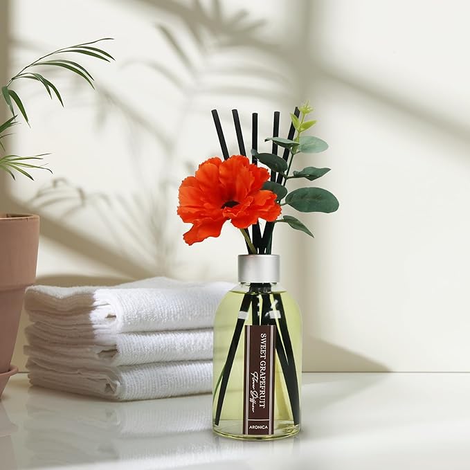 Aronica Grapefruit Reed Diffuser, Room Scent Diffuser with Red Flower, Difusor De Varillas, Aesthetic Room Decor, Apartment House Bathroom Essentials, Air Fresheners for Home Long Lasting