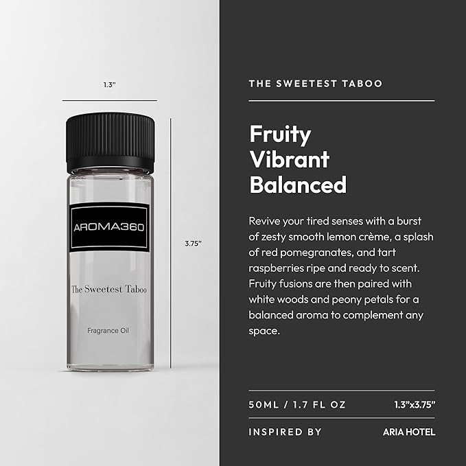 Aroma360 - The Sweetest Taboo Fragrance Oil Scent - Luxury Aromatherapy Scent Diffuser Oil - Hints of Lemon Crème, Pomegranates, & Raspberries - for Essential Oil Diffusers - for Home & Office - 50mL