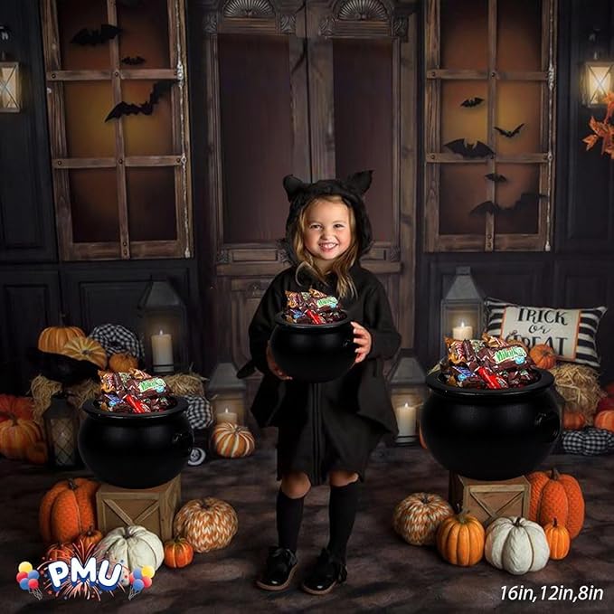 PMU 3pc- 18",16",12" Inch Halloween Cauldron Pot Kettle, Black Plastic Witch Cauldron Kettle, Halloween Party Decorations