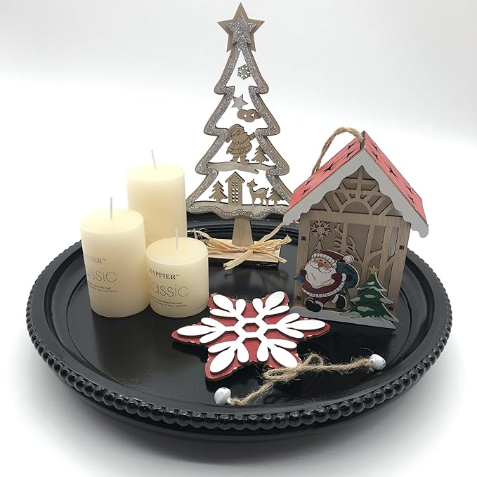 Round Wood Decorative Tray, Small Beaded Tray for Dresser Coffee Table Kitchen Corner Dinning Table, Modern Round Wooden Tray for Centerpiece (Black, 13.4''X13.4'')