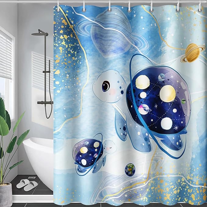 AILONEN Sea Turtle Shower Curtain,Blue Space Planet Turtle Bath Curtain,Watercolor Ocean Turtle Shower Curtain Waterproof for Bathroom Decor with 12 Plastic Hooks, 72" W*96" H